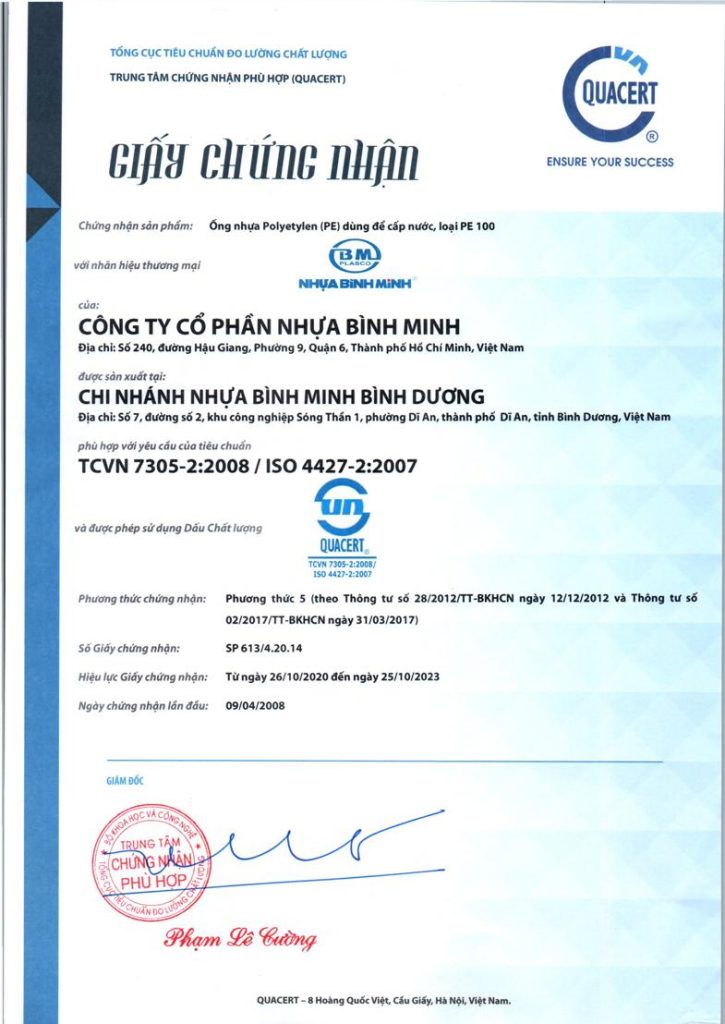 Bảng Giá Ống Nhựa Bình Minh (HDPE, PVC, PPR) Mới Nhất 13 Chứng nhận chất lượng sản phẩm ống HDPE Bình Minh