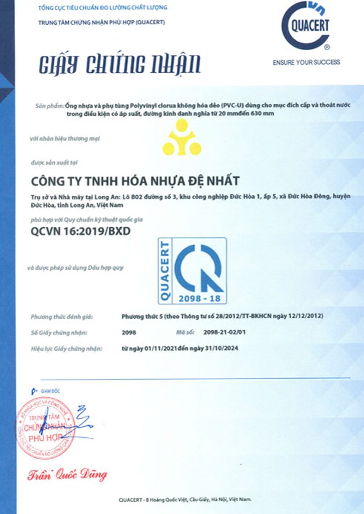 Chứng nhận iso ống nhựa và phụ tùng PVC-U Đệ Nhất