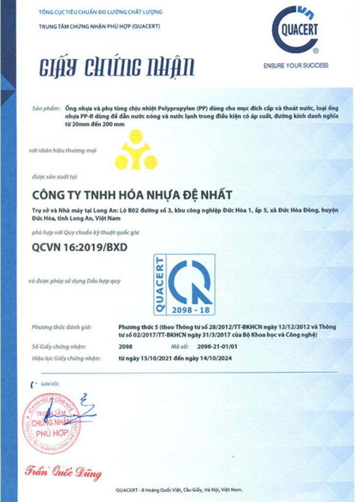 Chứng nhận iso ống nhựa và phụ tùng PPR Đệ Nhất