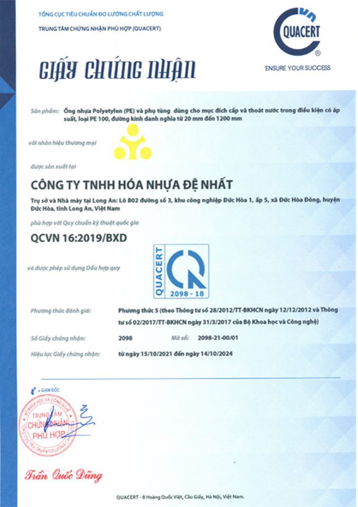 Chứng nhận iso ống nhựa và phụ tùng HDPE Đệ Nhất
