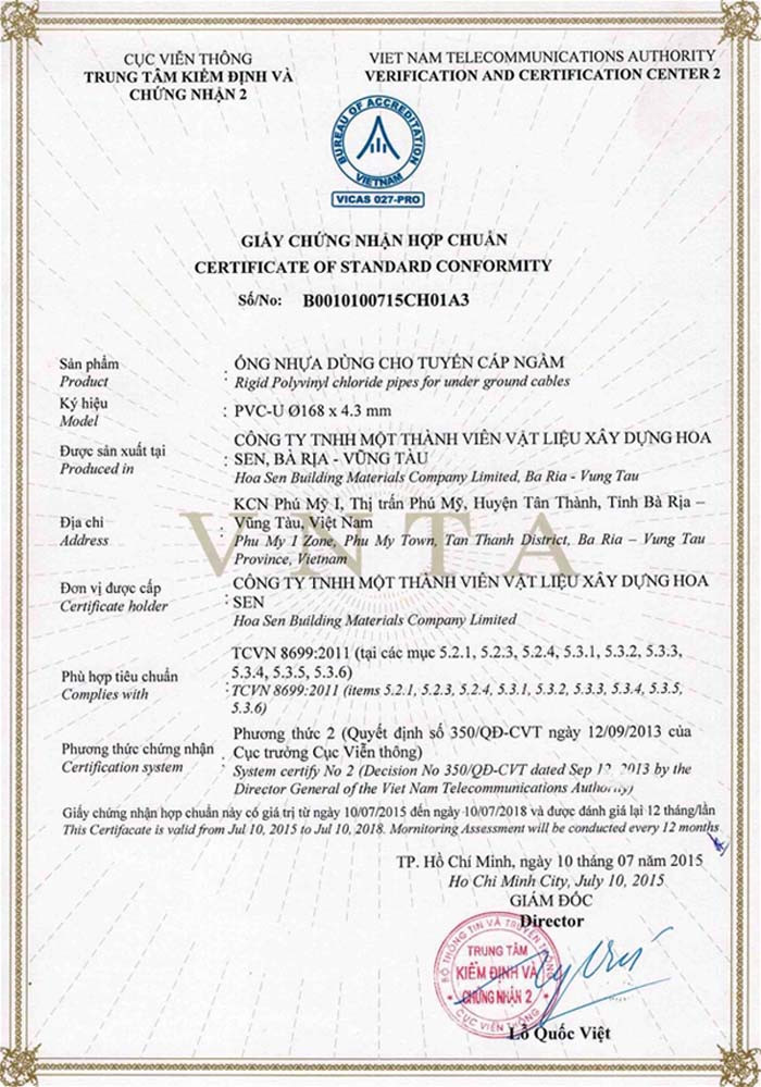 Chứng nhận hợp chuẩn ống nhựa Hoa Sen dùng cho tuyến cáp ngầm