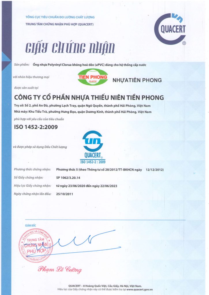 Bảng Giá Ống Nhựa Tiền Phong (HDPE, PVC, PPR) Mới Nhất 14 giấy chứng nhận nhựa tiền phong