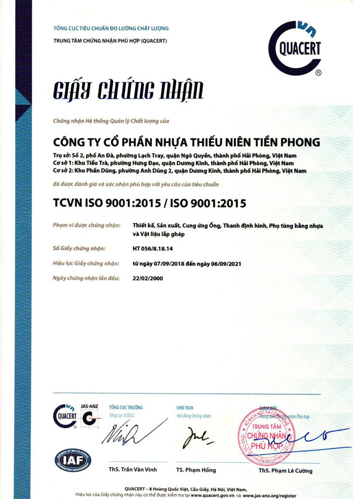 Bảng Giá Ống Nhựa Tiền Phong (HDPE, PVC, PPR) Mới Nhất 17 giấy chứng nhận nhựa tiền phong