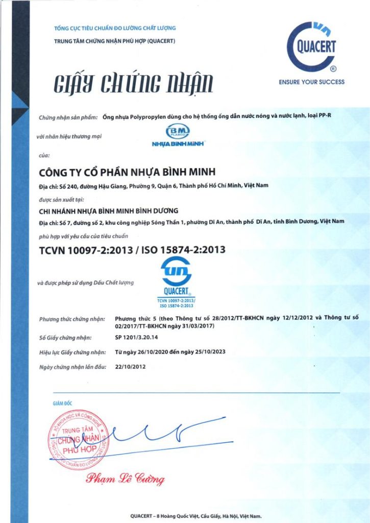 Bảng Giá Ống Nhựa Bình Minh (HDPE, PVC, PPR) Mới Nhất 12 Chứng nhận chất lượng sản phẩm ống PPR Bình Minh