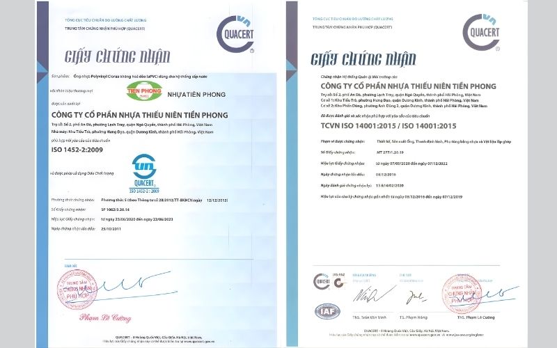 Chứng nhận chất lượng ống nhựa Tiền Phong