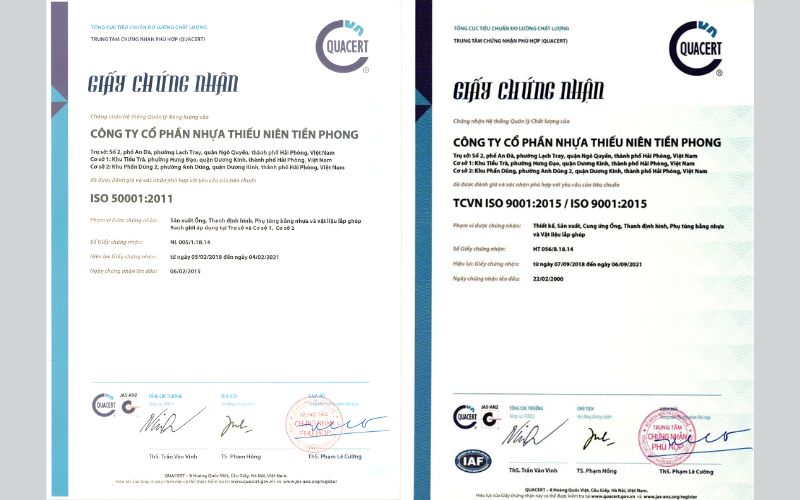 Chứng nhận chất lượng ống nhựa Tiền Phong